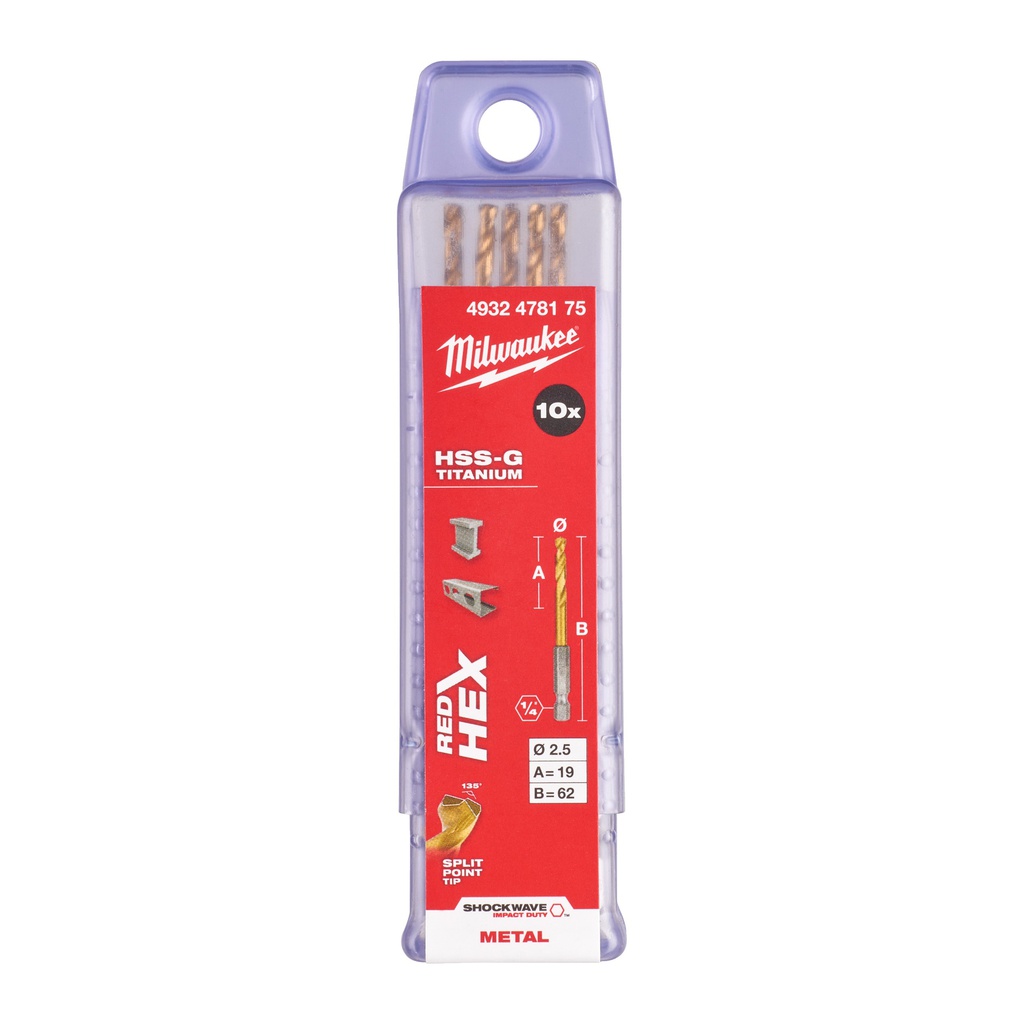 Wiertła_do_metalu_HSS-TiN_-_opakowanie_5_i_10_sztuk_Milwaukee_Shockwave_HSS-G_TiN_Red_Hex_2.5_mm_-_10_pcs_2