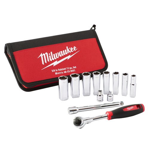 [48229001] Zestaw nasadek ⅜″ z grzechotką Milwaukee | Tradesman 3/8" Ratchet Set - 12 pcs