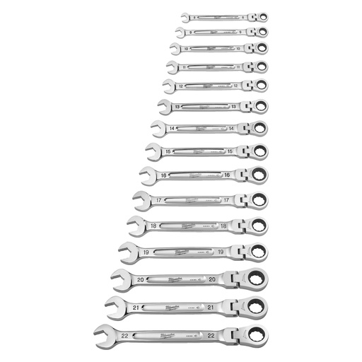 [4932478558] Zestaw kluczy płasko-oczkowych MAXBITE™ z ruchomą główką grzechotki Milwaukee | 15pc Maxbite Flex Head Spanner Set