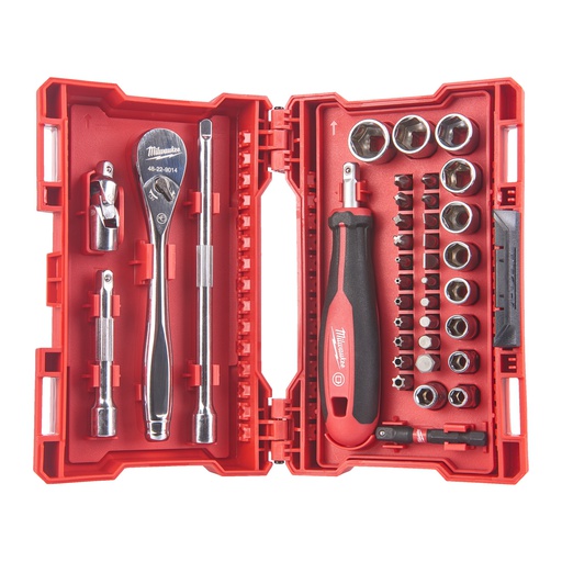 [4932479096] Zestaw: Grzechotka, nasadki 1/4" i bity udarowe Milwaukee | 1/4" Ratchet & Driver & Socket set - 38pc