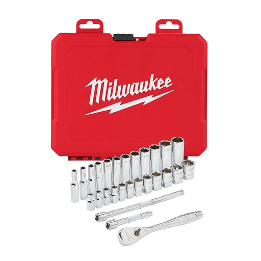 [4932464943] Zestawy nasadek  z grzechotką Milwaukee | 1/4 Drive 28 pc Ratchet + Socket Set Metric