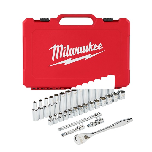 [4932464945] Zestawy nasadek  z grzechotką Milwaukee | 3/8 Drive 32 pc Ratchet + Socket Set  Metric